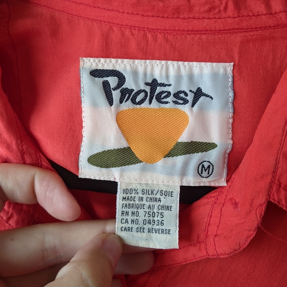 Protest semi-sheer red orange 100% silk button-down blouse - Picture 7 of 8